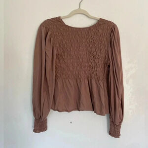 A New Day rouched flowy brown bishop sleeve blouse Size L prairie cottage core